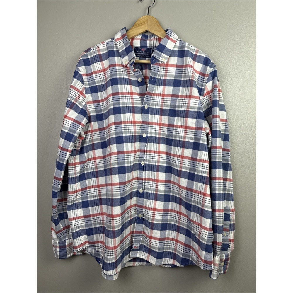Vineyard Vines Slim Fit Murray Shirt Button Front Long Sleeve Blue Red Plaid XL
